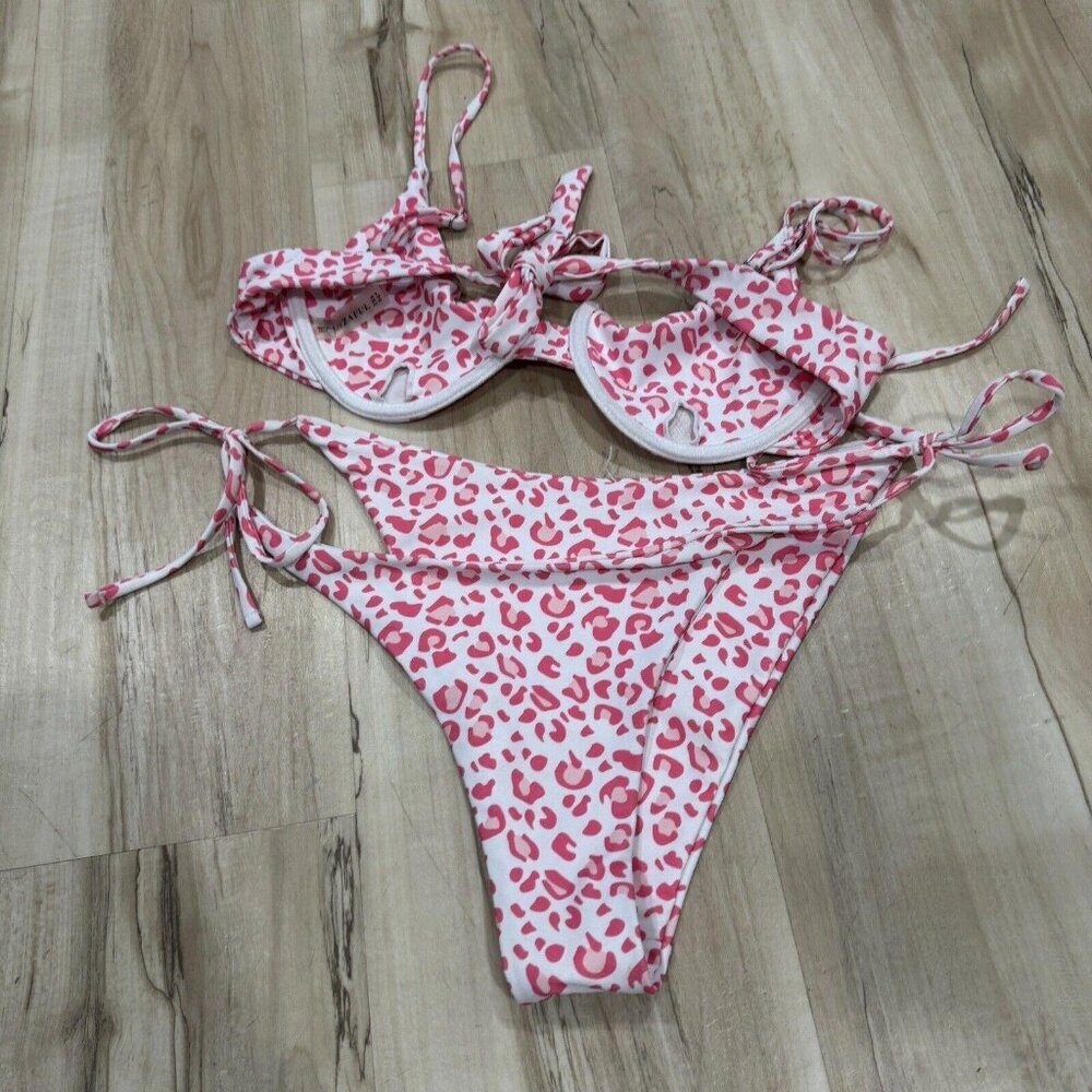 Women’s Zaful White Pink Leopard Print Bikini Swim Swimsuit Size‎ 8 2 Piece Set - Picture 4 of 5